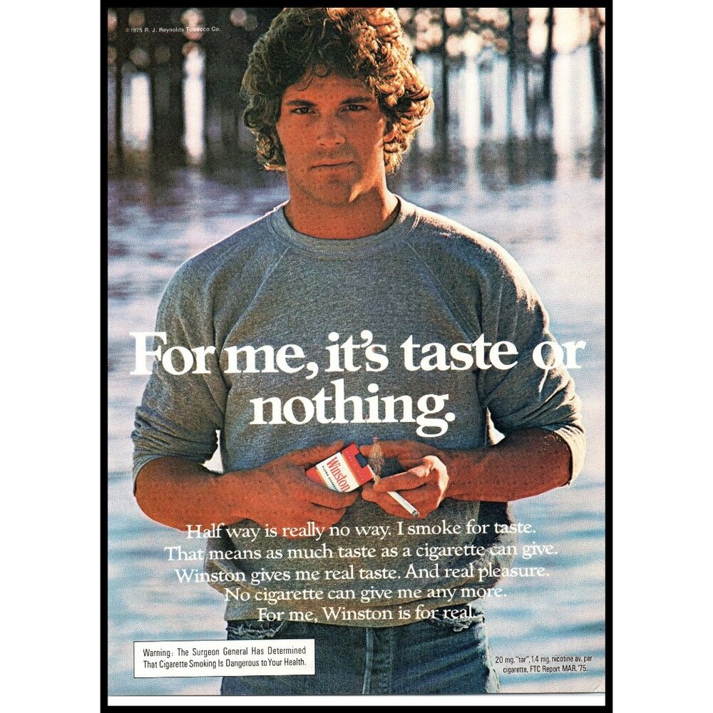 1975 Winston Cigarettes Vintage Print Ad Man Simple Gray Sweatshirt Wall Art